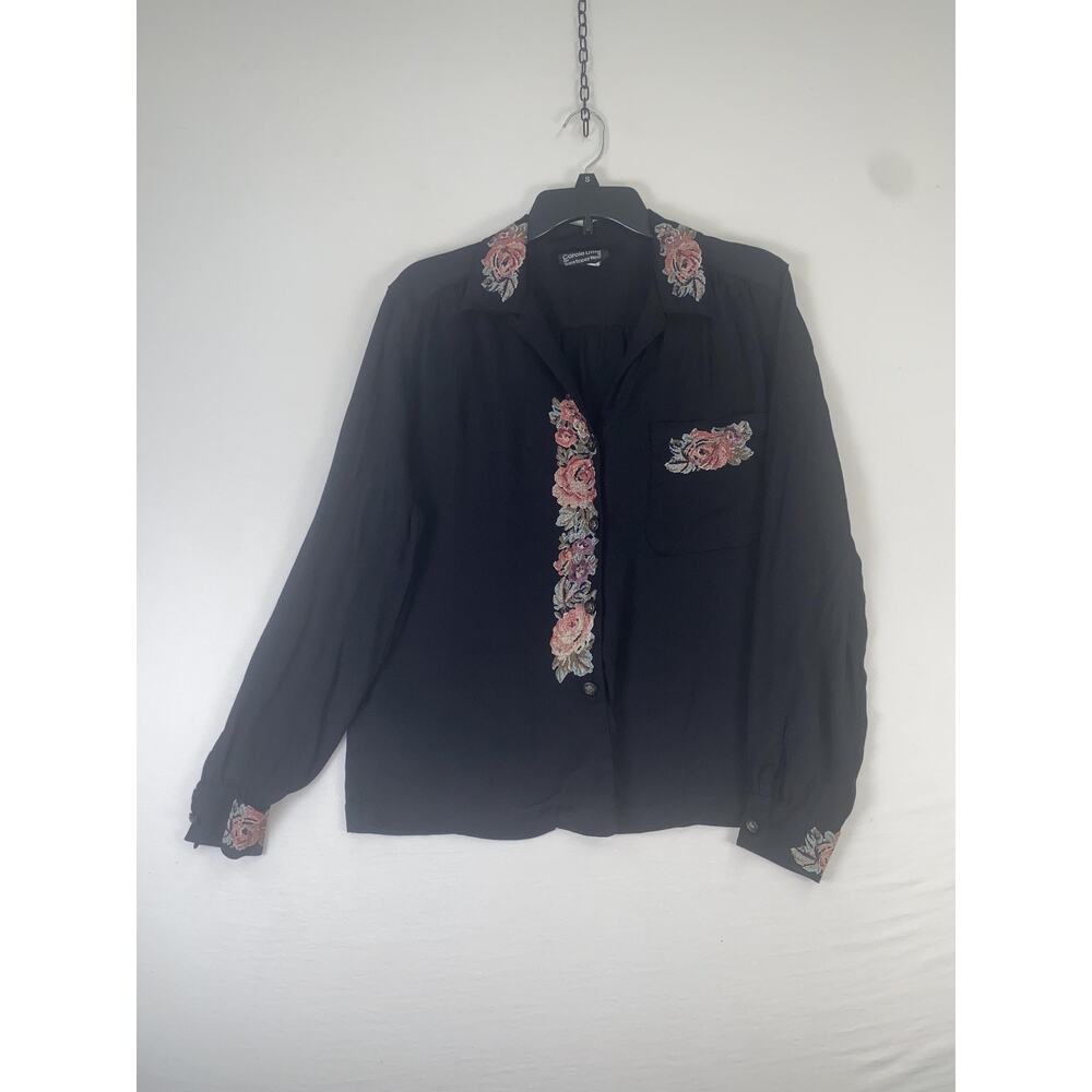 Vintage Carole Little Saint-Tropez West Blouse Womens 12 Black Embroidered Top